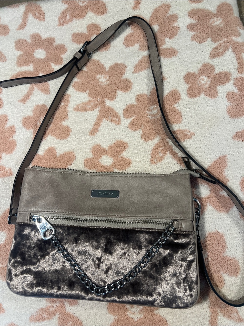 Coco + Carmen Taupe Leather-Trim Velvet Crossbody
